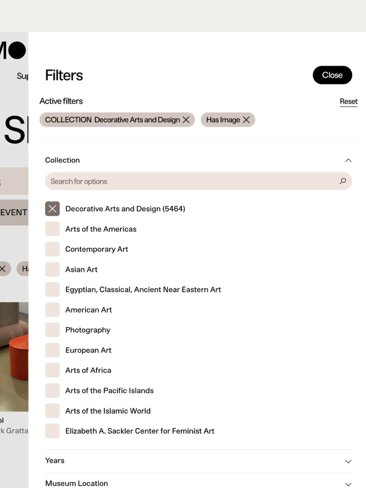 Close up screenshot of filter on the search page