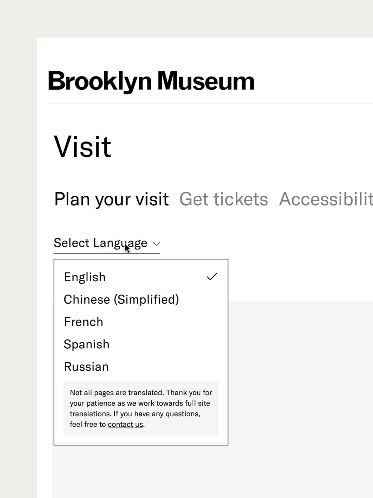 Wireframe showing an in-page language dropdown
