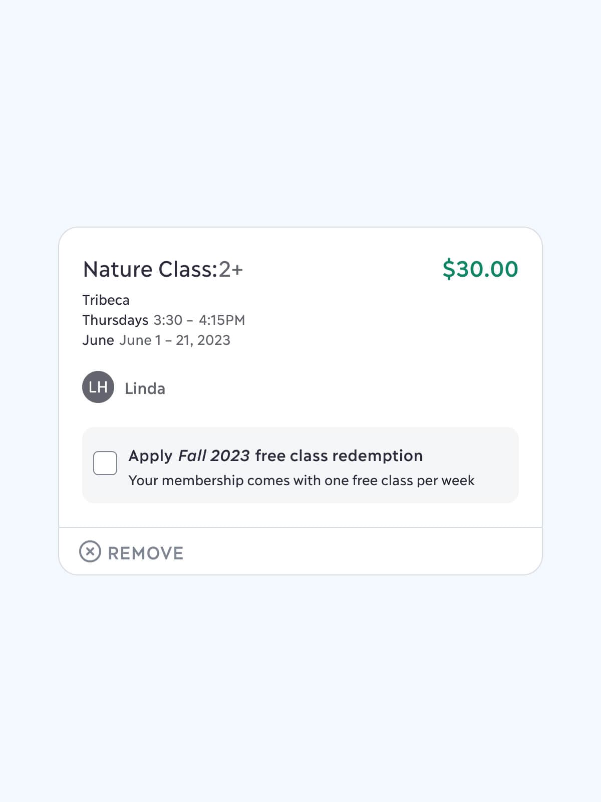 Class card with free class redemption option