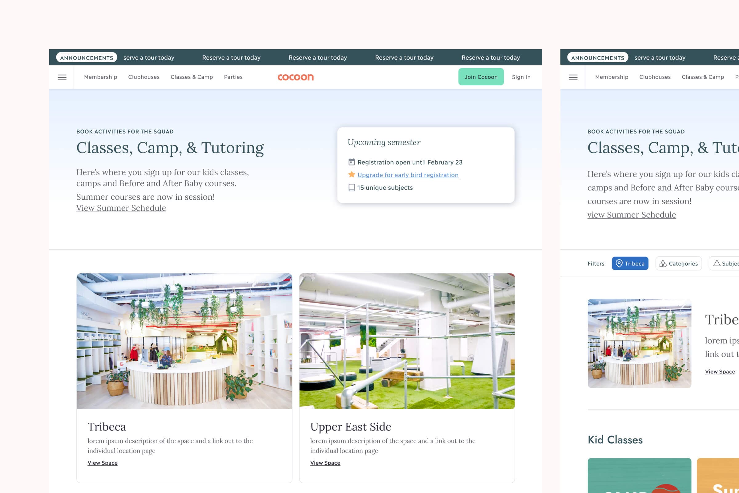 Screenshot of Cocoon Classes & Camp page