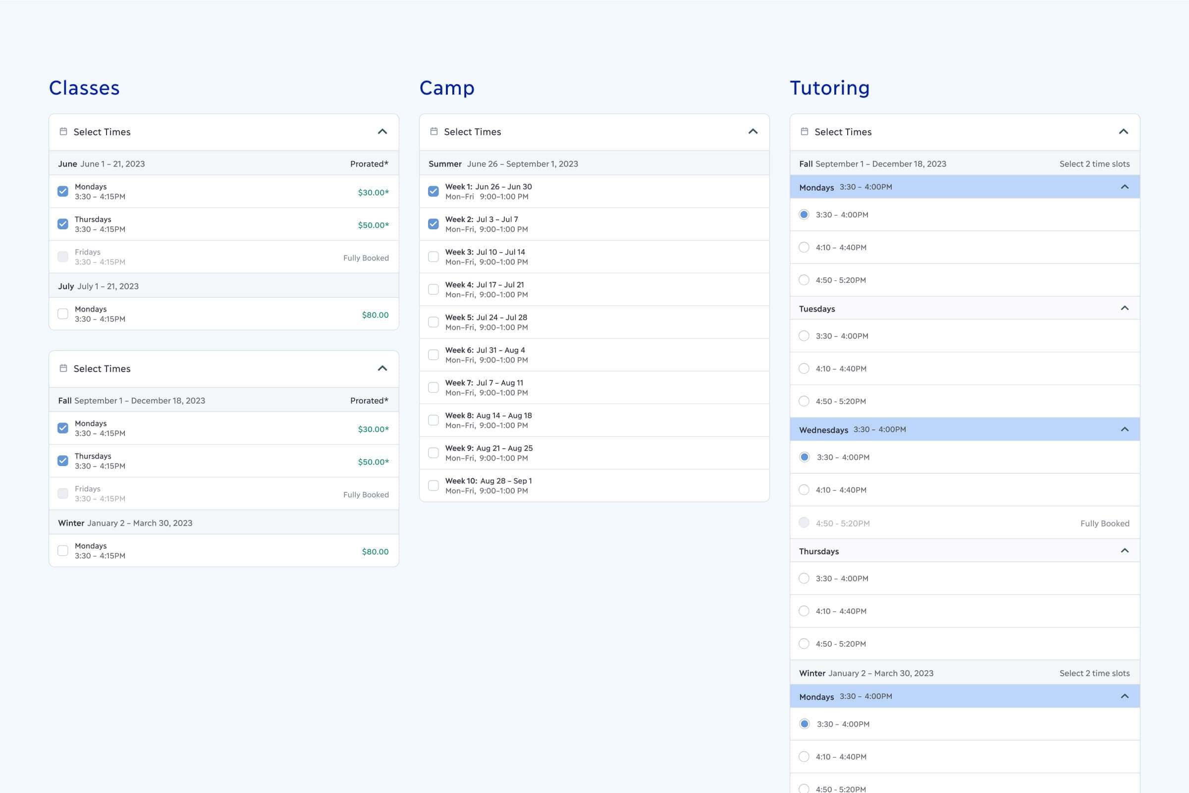 Course, Camp, Tutoring time selection variants