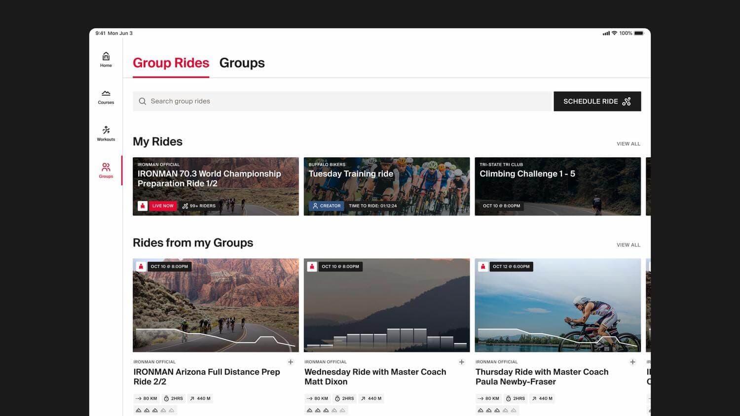 Screenshot of the Group rides & group page
