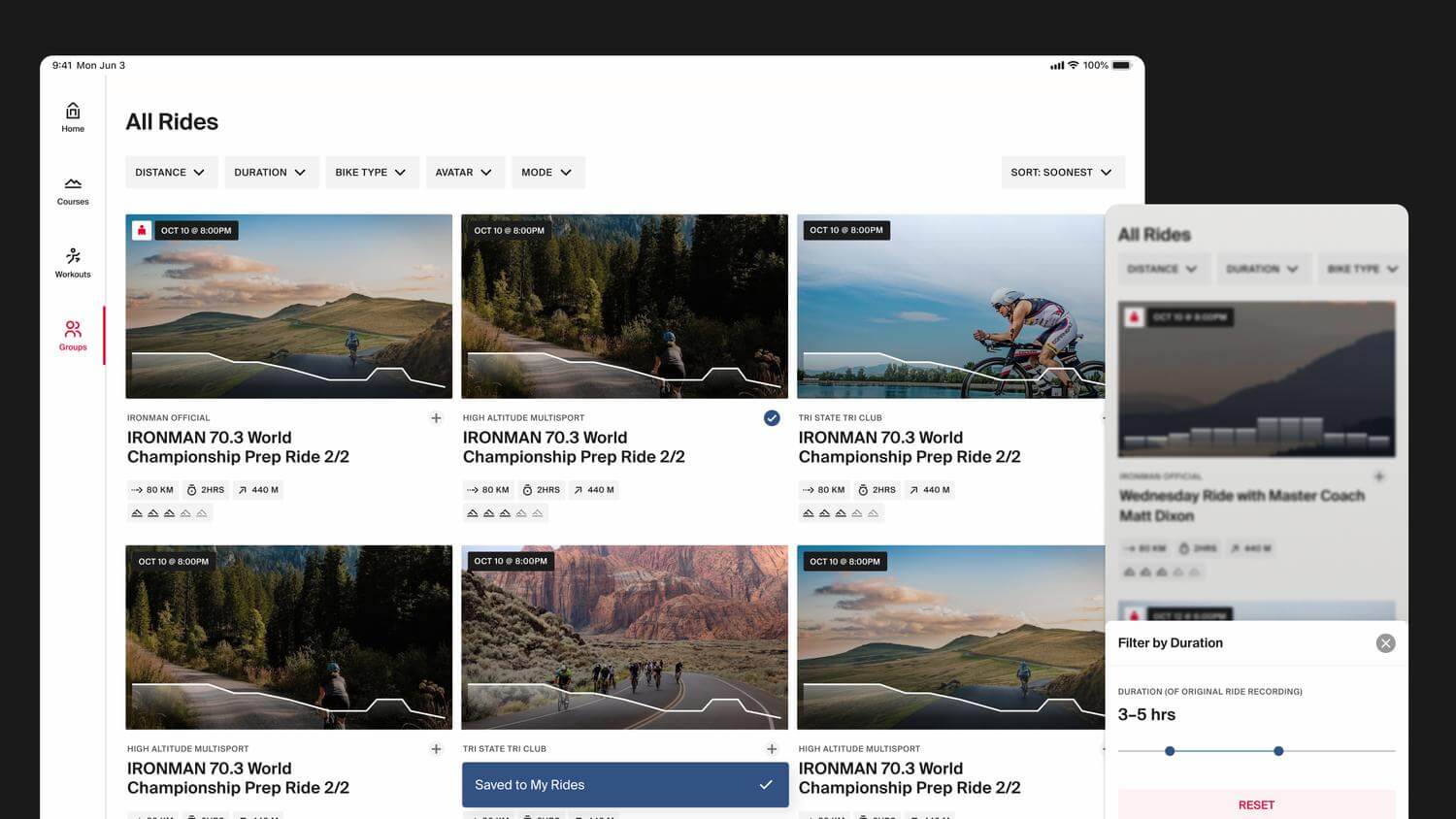 Screenshots showing filter and save features on the group rides page