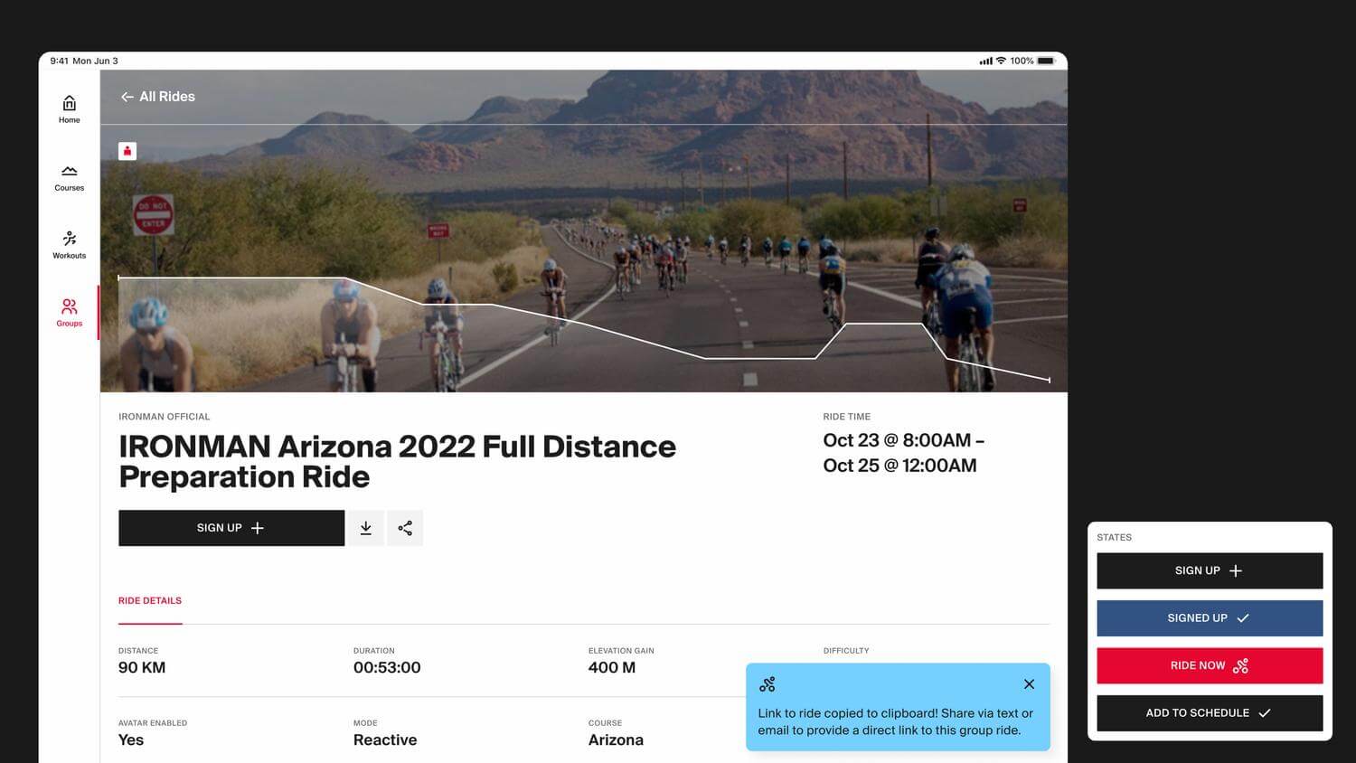 Screenshots of the group ride detail page