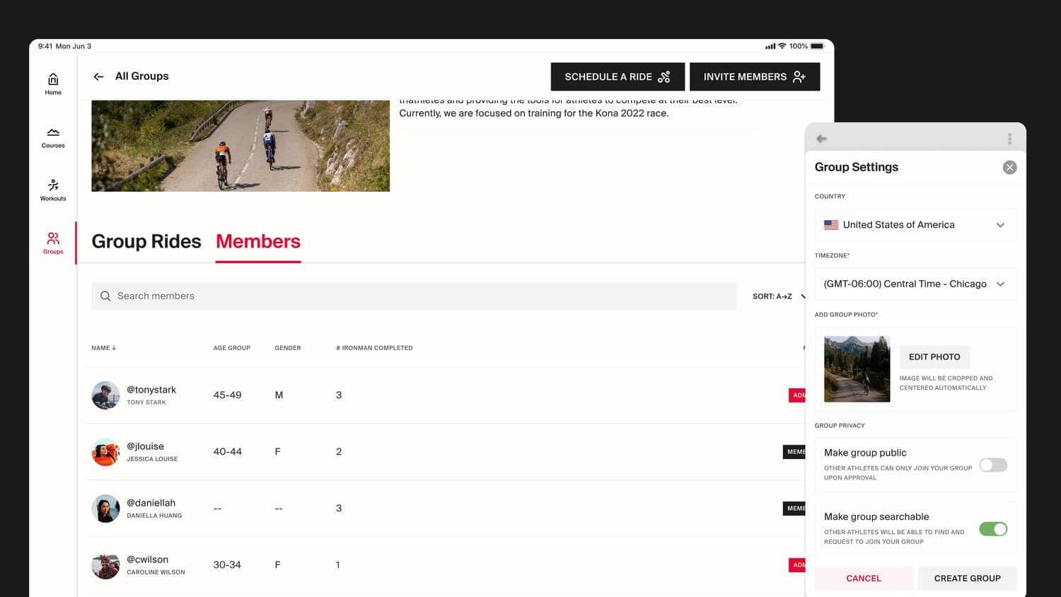 Screenshot of the group page which has a list of members