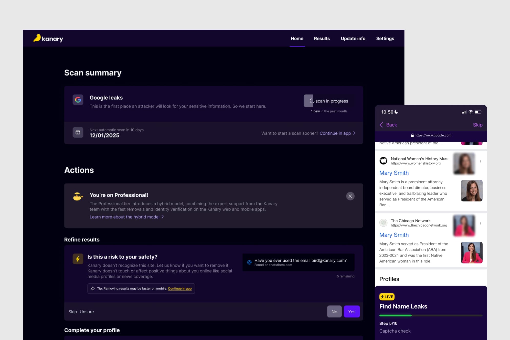 Screenshot of the Kanary web dashboard and mobile app
