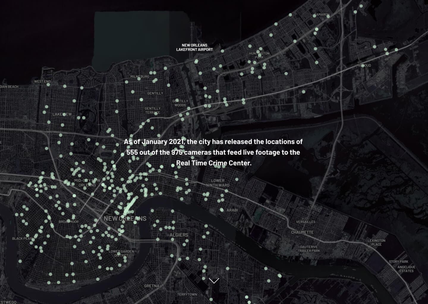 Map visualization of the location of 555 live cameras in New Orleans