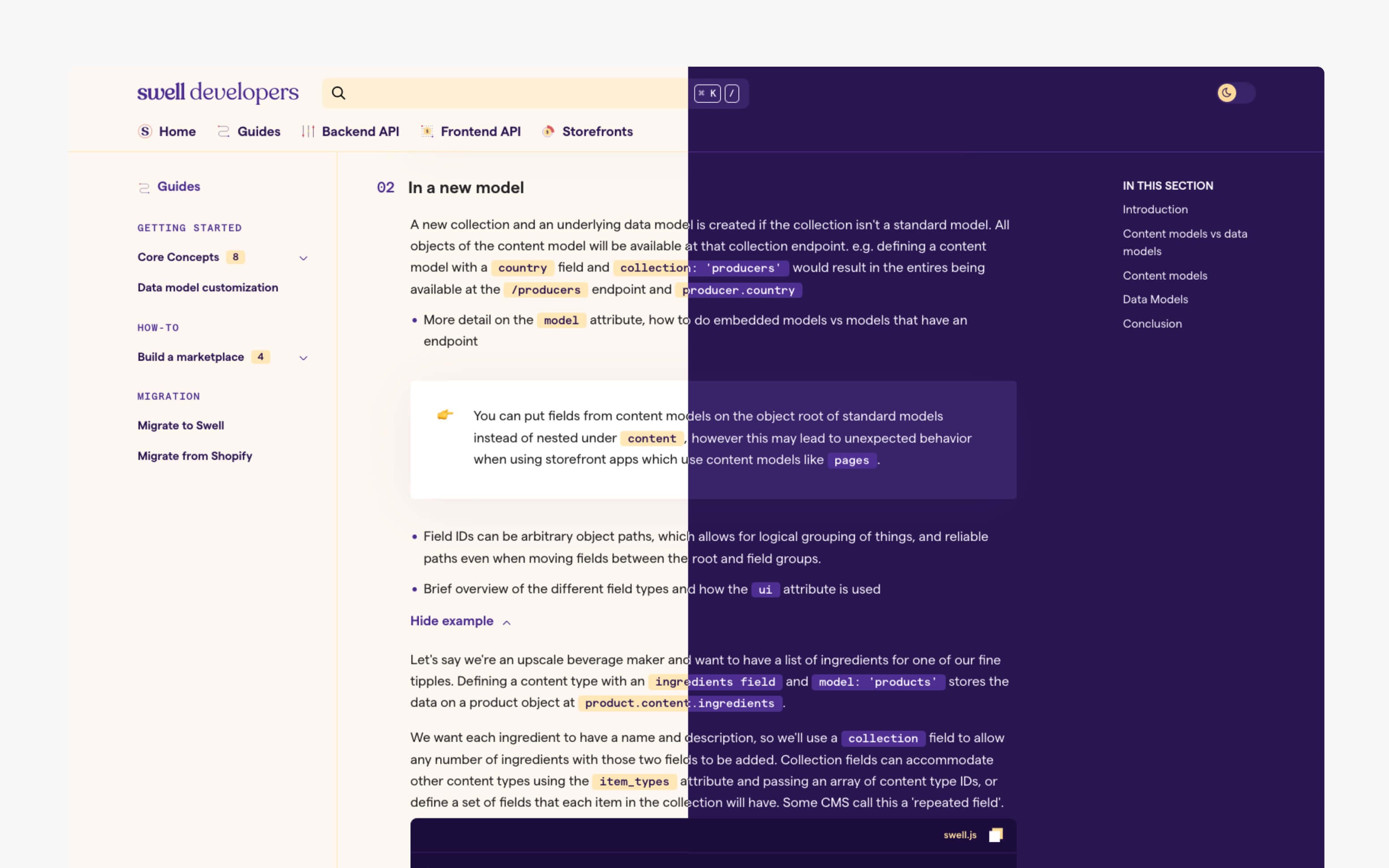 Screenshot of the Swell site in light and dark mode