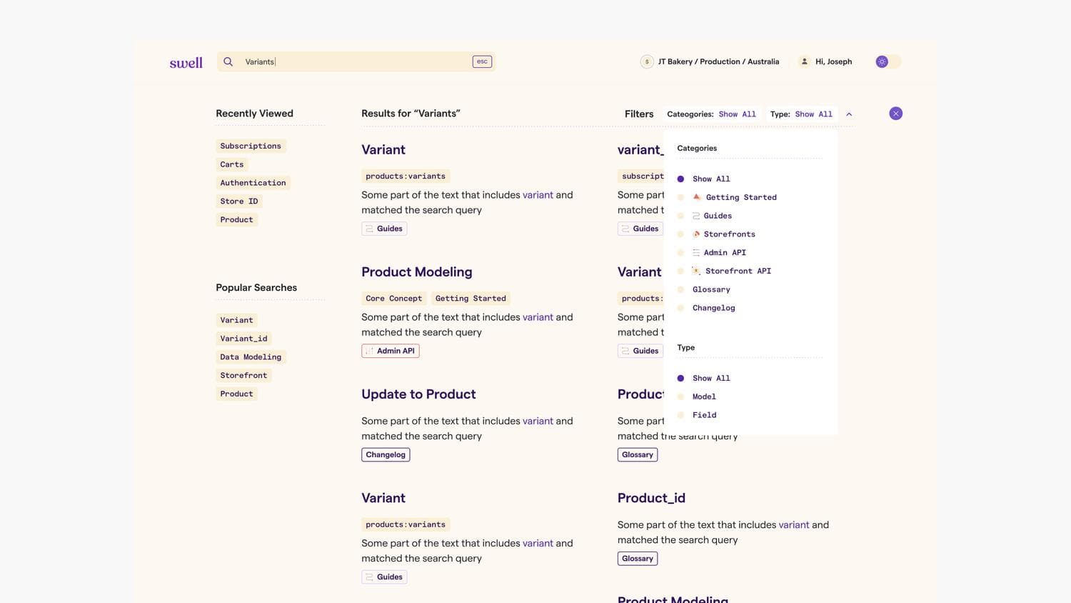 Screenshot of the Swell search page