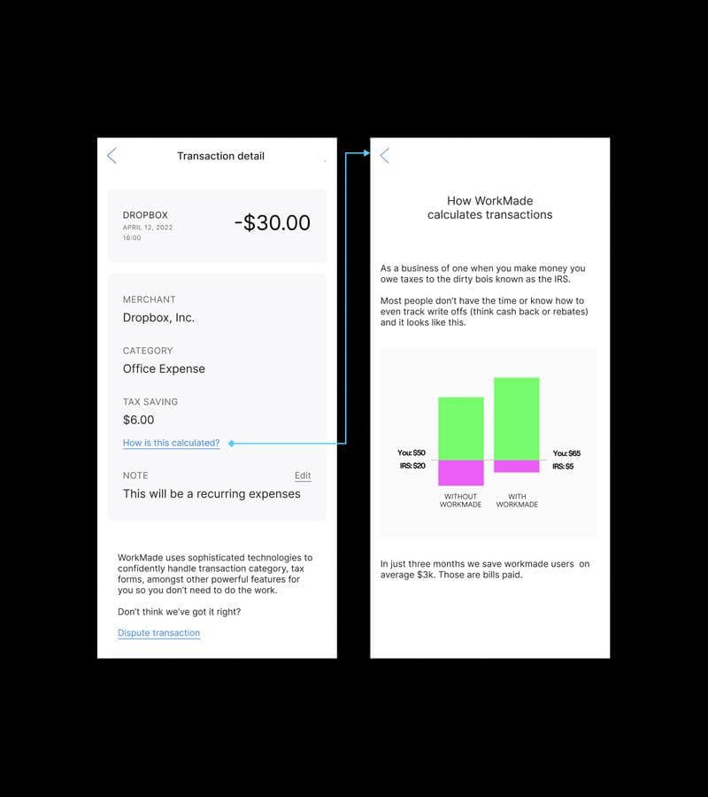 Screenshots detailing how WorkMade calculates tax saving