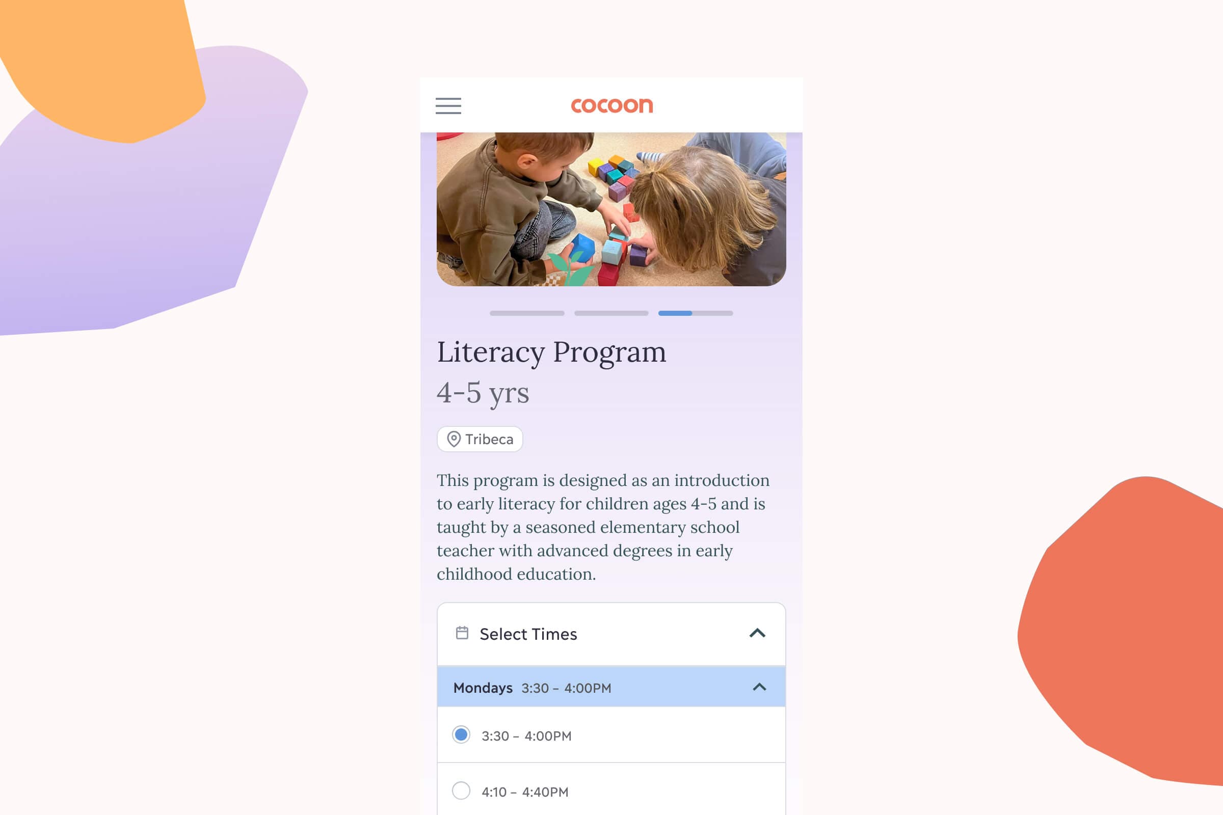 Mobile screenshot of timeslots offered for Cocoon's Literary Pogram